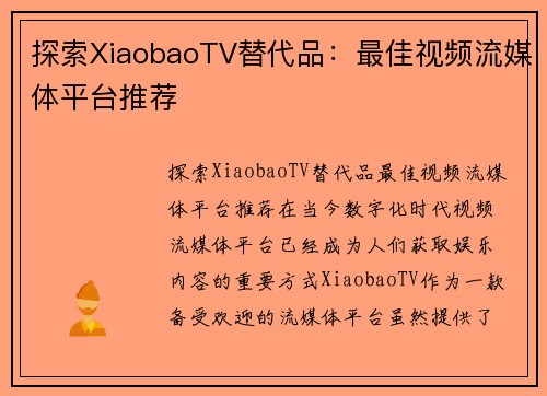 探索XiaobaoTV替代品：最佳视频流媒体平台推荐